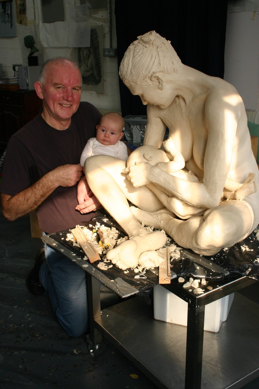 Paddy Campbell with Coco Blossom while the wax form of “Mother and Child” was being modelled at Fairview